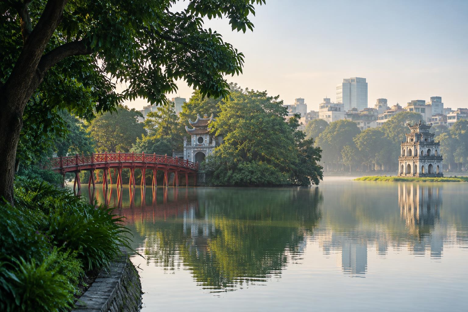 The Huc Bridge and Turtle Tower at Hoan Kiem Lake in Hanoi, Vietnam